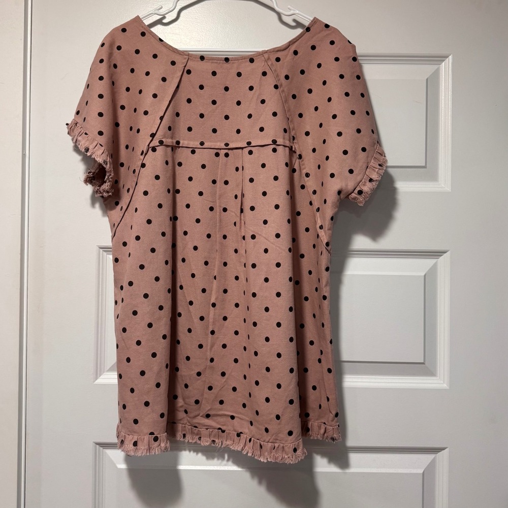 Umgee Polka Dot Linen Cotton Fringe Trim Tunic Top XL Dusty Rose Black - Picture 6 of 9